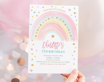 Invitación de cumpleaños: Arcoíris pastel y estrellas doradas (Editable Bir299)