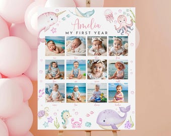 May include: A personalized baby milestone poster featuring the name "Amelia" and the text "MY FIRST YEAR." The poster includes twelve photos of a baby, with sea-themed illustrations of a narwhal, octopus, and whale.