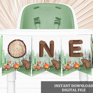 ONE Happy Camper High chair Banner Camping Woodland 1st Birthday ONE S&#39;more Bear Garland Boy First Birthday Decorations Printable Bir335