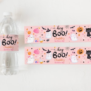Emballage de bouteille d'eau d'Halloween fantôme rose, étiquettes d'eau d'anniversaire, fille rose, 1er fantasmagorique, décoration d'Halloween, téléchargement imprimable modifiable Hab1