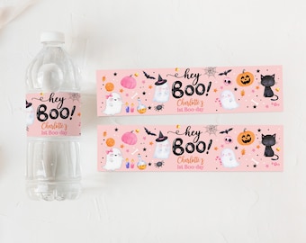 Halloween Birthday Water Bottle Labels, Pink Ghost Party (Editable Download Hab1)