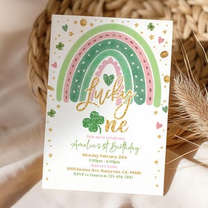 Lucky One Birthday Invitation, Shamrock Rainbow Gold (Editable Digital SpI1)