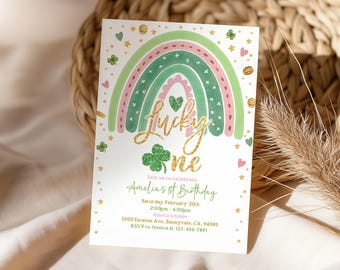 Lucky One Birthday Invitation, Shamrock Rainbow Gold (Editable Digital SpI1)
