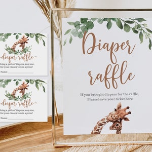 Giraffe Baby-Dusche-Windel-Verlosung Zeichen Ticket Safari Tiere Windel-Verlosung Tropischer Dschungel Geschlecht neutral Grün Bearbeitbar Druckbar Bab36