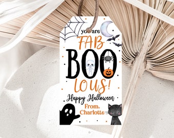 May include: White tag with black polka dots and the text "You are FAB BOO-LOUS! Happy Halloween. From, Charlotte". The tag features a black spider, a skeleton, a pumpkin, a ghost, and a black cat.