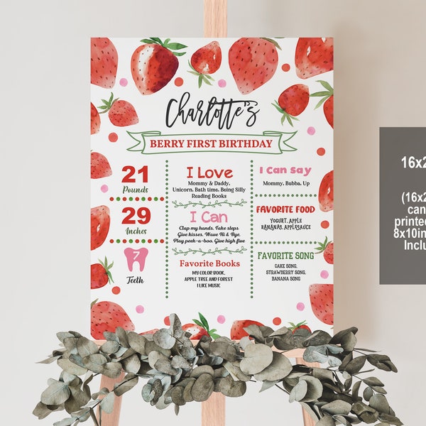 Strawberry Birthday Milestone Poster Berry Sweet 1st Birthday Stats Sign Summer Fruit Berries Party Editable Printable Download Bir278