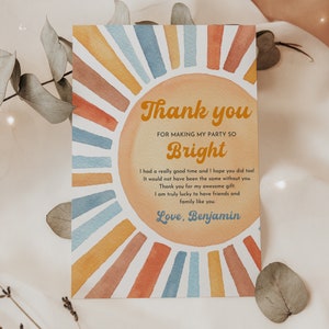 Plantilla de tarjeta de agradecimiento del primer viaje alrededor del sol Tarjeta de agradecimiento Boho Sunshine Thank You Boy First Imprimible Editable Bir409 Bir350