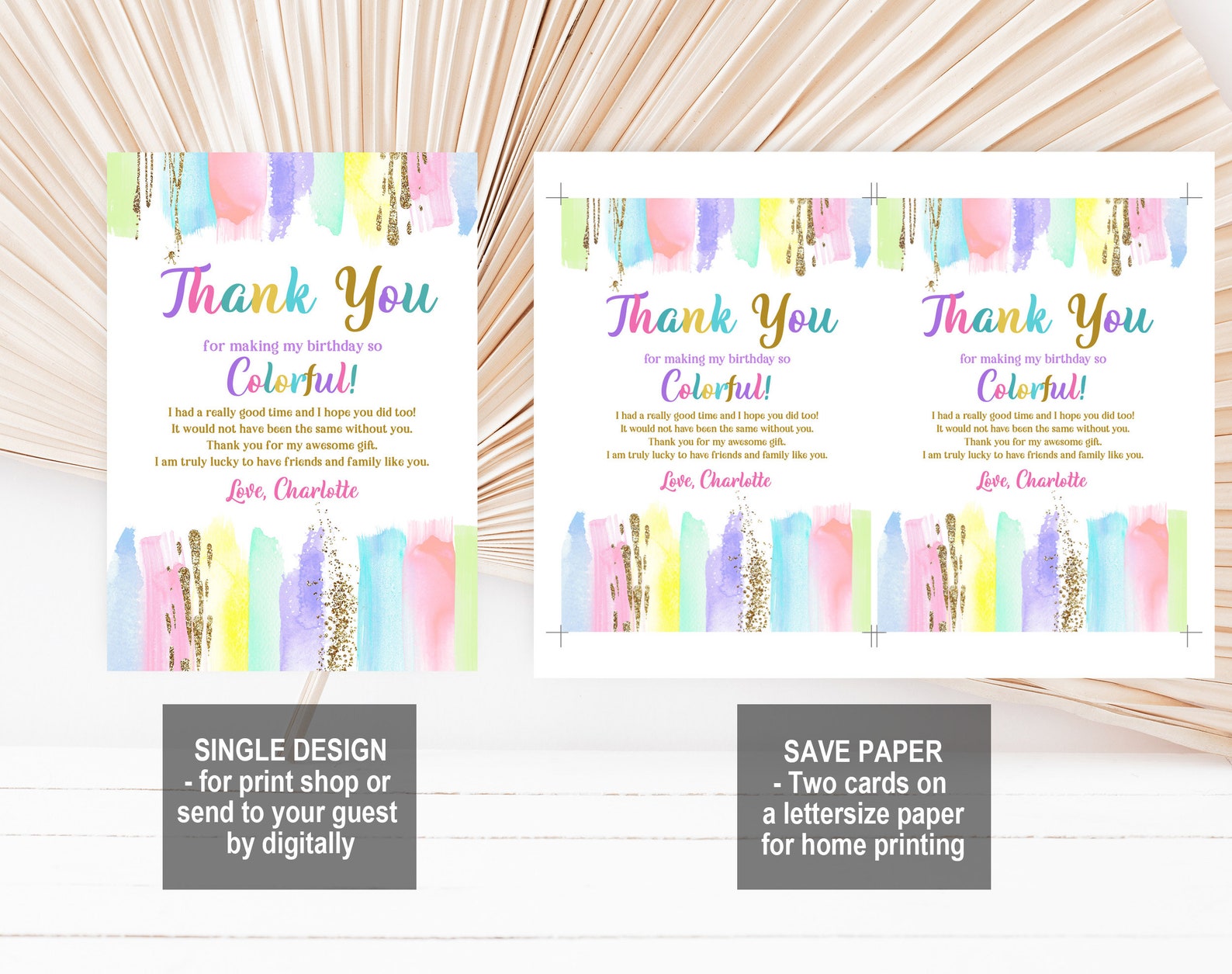 Art Birthday Party Thank You Card: Editable Pastel Rainbow Design ...