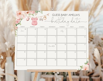 Juego de calendario de fecha de parto para baby shower - Ropa de niña editable e imprimible Bab215