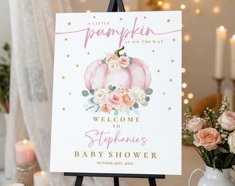 Pink Pumpkin Baby Shower Sign - Editable Floral Fall Welcome Poster Bab40