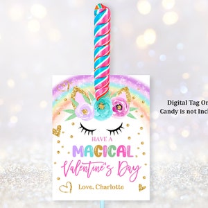 Unicorn Valentine's Day Lollipop Holder lollipop Tag Girl Kids Class Valentine's Favor Treat Label Editable Printable Download Vat7