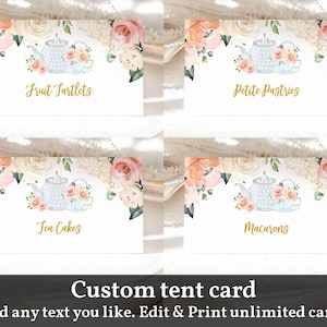 Tarjeta de carpa con comida para fiesta de té Tarjeta de lugar para la mesa de la fiesta de té Decoración de mesa para fiesta de brunch Floral dorado con purpurina Editable DESCARGAR Bir122 Bab33 Bri18