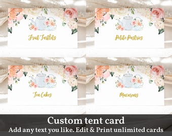 Floral Gold Glitter Tea Party Food Tent Cards: Editable, Printable Bir122 Bab33 Bri18