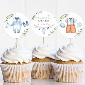 Topper per cupcake con vestiti per bambini, etichetta rotonda per bomboniere, festa di lavanderia, ragazzo, blu, verde, decorazione boho, bambino, baby shower, modificabile, stampabile, download Bab214