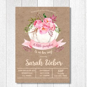 Pumpkin Baby Shower Invitations, Girl Fall Baby Shower Invitations. Watercolor Floral Pumpkin, Pumpkin baby shower template, Editable
