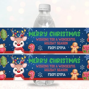 Rentier Wasserflasche Etikett Weihnachten Wrapper Urlaub Party Winter Geburtstag Dekoration niedlich Kinder Printable Bearbeitbare Download Bir284