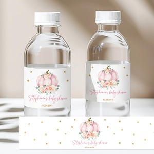Etiquetas para biberones de calabaza para baby shower, con flores rosas y doradas (Edición editable para otoño)