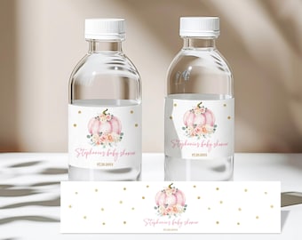 Pumpkin Baby Shower Bottle Labels, Floral Pink and Gold (Editable Fall Bab40)