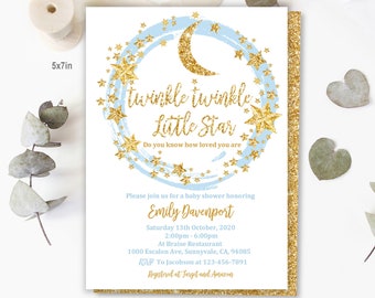 Twinkle Little Star Baby Shower Invitation - Blue and Gold Editable Bab15