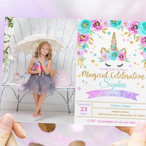 Unicorn Birthday Invitation Rainbow Party Gold Glitter Pink Girl Magical Day Invites Digital Editable Printable Template Download Bir11