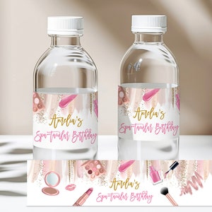 Etichetta per bottiglia d'acqua per festa di compleanno Spa, confezione per festa di trucco, festa in pigiama Spa, festa glamour, ragazza, oro, rosa, bomboniera, modificabile, stampabile, download Bir309
