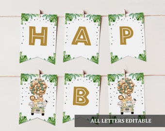Peut inclure: Une bannière imprimable avec le mot « HAPPY » en lettres dorées sur un fond blanc avec des feuilles vertes et des pois noirs. Les lettres sont modifiables. La bannière est décorée d'une illustration sur le thème du safari d'animaux qui font du jeep avec des ballons.