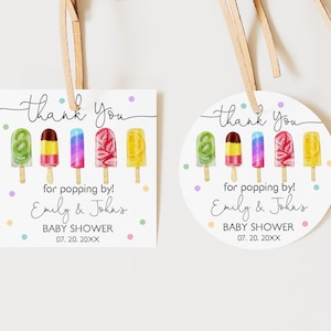 Popsicle baby shower Favor tag Popsicle thank you Round Square label Summer Colorful Gift Sticker Tag Editable Printable Download Bab193