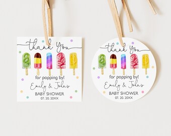 May include: Thank you tags featuring a watercolour illustration of popsicles. The text reads "Thank you for popping by! Emily & John's Baby Shower 07.20.20XX".