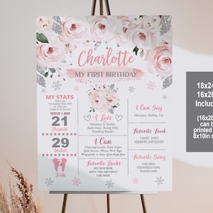 Winter ONEderland Chalkboard First Birthday Milestone Sign 1st First Girl Pink Floral Snowflake Poster Editable Printable Download Bir147
