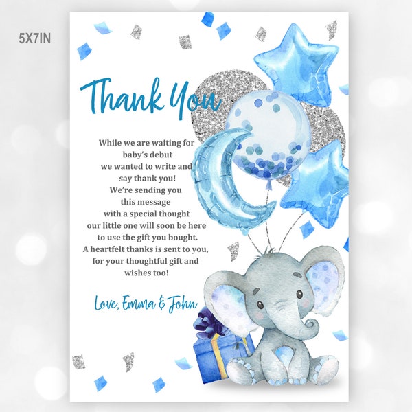 Blue elephant baby shower thank you card  5x7in, 4x6in Included  EDITABLE, Download  Bab62