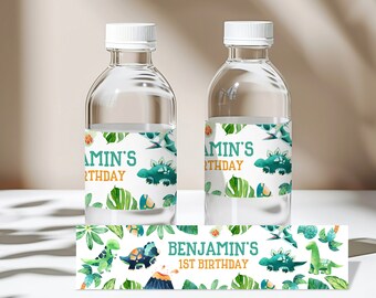 May include: Two clear plastic water bottles with green, white, and orange dinosaur-themed labels. The labels say "Benjamin's 1st Birthday".