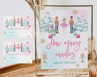 May include: Two pink and blue printable game cards with a Nutcracker and ballerina theme. The cards ask "How many candies are in the jar?" and have lines for guests to write their guesses and names.
