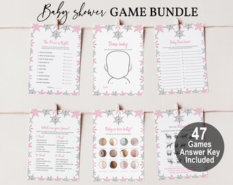 May include: A set of 47 printable baby shower games with pink and silver snowflake designs. The games include "The Price is Right", "Draw Baby", "Baby Bingo", "What's on Your Phone", "Baby or Beer Belly", and "Who's Who in the Zoo".