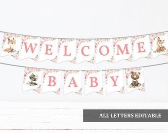 Woodland Animals Baby Shower Banner - Blush Pink Floral, Editable Bab210