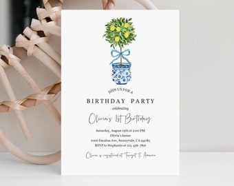 Italian Lemon Birthday Invitation Lemon Blue Tile Birthday Invite Spring Summer Gender Neutral Minimalist Editable Printable Download Bir355