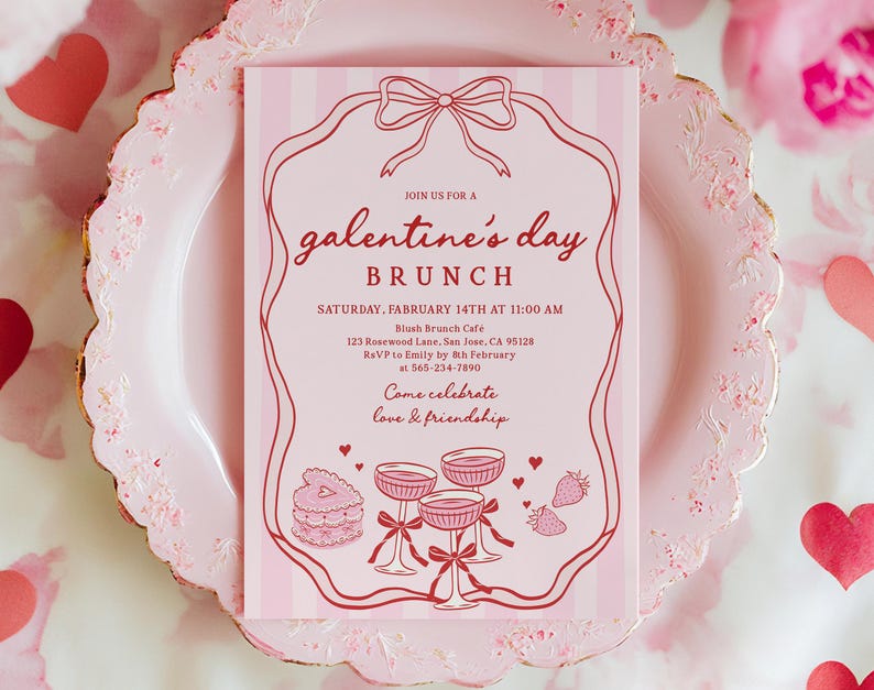 May include: A pink Galentine's Day brunch invitation with a decorative border and bow design. The invitation includes text with event details, such as the date, time, and location. The invitation is on a pink plate with a floral design.