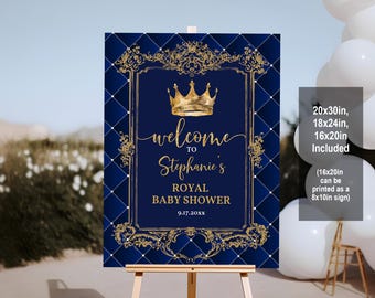 Prince Baby Shower Welcome Sign: Royal Blue and Gold Editable Poster Bab218