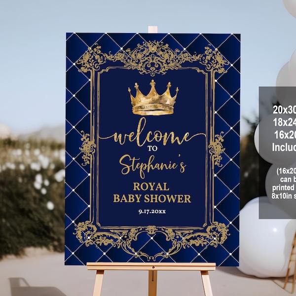 Prinz Baby Shower Willkommensschild: Königsblau und Gold Editierbares Poster Bab218