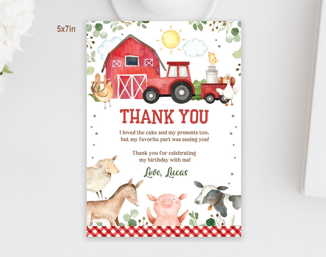 Thank You Card: Farm Animals, Red Plaid - Editable Printable Bir300 - Etsy