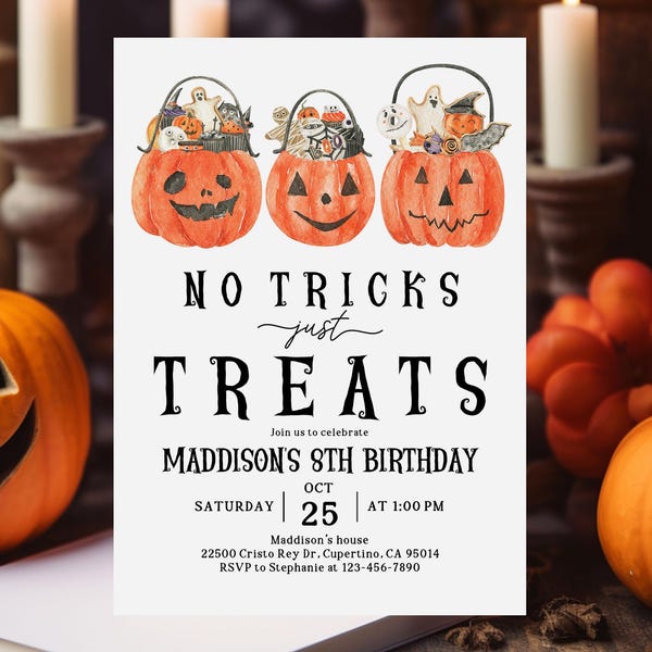 Halloween Birthday Invitation: Costume Party, Candy Treats - Editable Canva Template