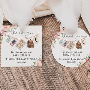 Etiqueta de regalo "Aventura te espera", etiqueta adhesiva redonda cuadrada de 2 pulgadas para baby shower, etiqueta editable para lavandería, mapa del mundo, decoración floral rosa imprimible, Bab269