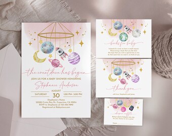 Set di inviti per baby shower: tema spaziale, pianeti rosa - modello modificabile Bab271