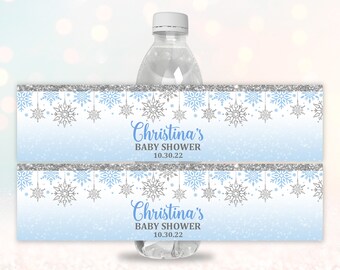 Winter Water bottle label Snowflake Wrapper Baby shower Favor Drink Sticker Winter Party Thank you Download EDITABLE Bab17