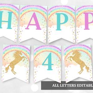 Unicorn Birthday Banner Unicorn Party Decoration Pastel Rainbow Gold Glitter Unicorn Garland Happy Birthday Pintable Download Editable Bir54