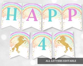 Banner de cumpleaños de unicornio con purpurina dorada y arcoíris pastel (Editable Bir54)