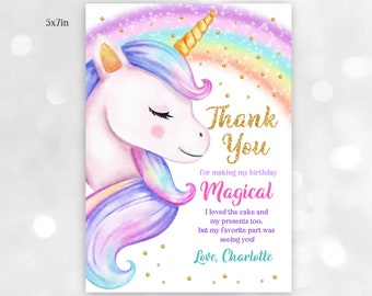 Cumpleaños Unicornio Tarjeta de agradecimiento Fiesta Arco Iris Nota de agradecimiento Gold Glitter Pink Girl Magical Day EDITABLE Imprimible Descargar Bir249