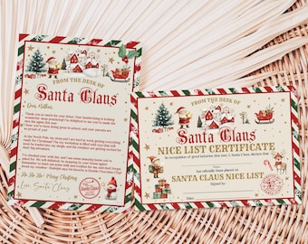 May include: A printable Christmas certificate with a red and green striped border. The certificate reads "Nice List Certificate" and "Santa Claus Nice List". The certificate is decorated with a winter scene and a Santa Claus illustration.