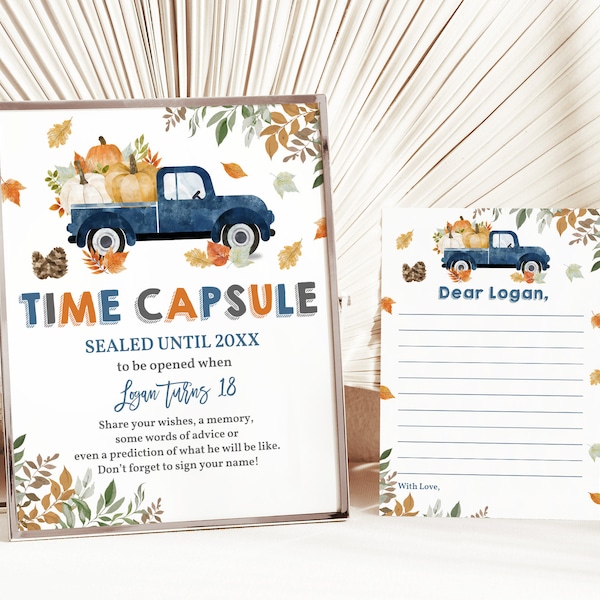 Blue Pumpkin Truck Time Capsule Sign letter Fall First Birthday Time Capsule Pumpkin 1st Fall Boy Truck Editable Printable Download Bir313