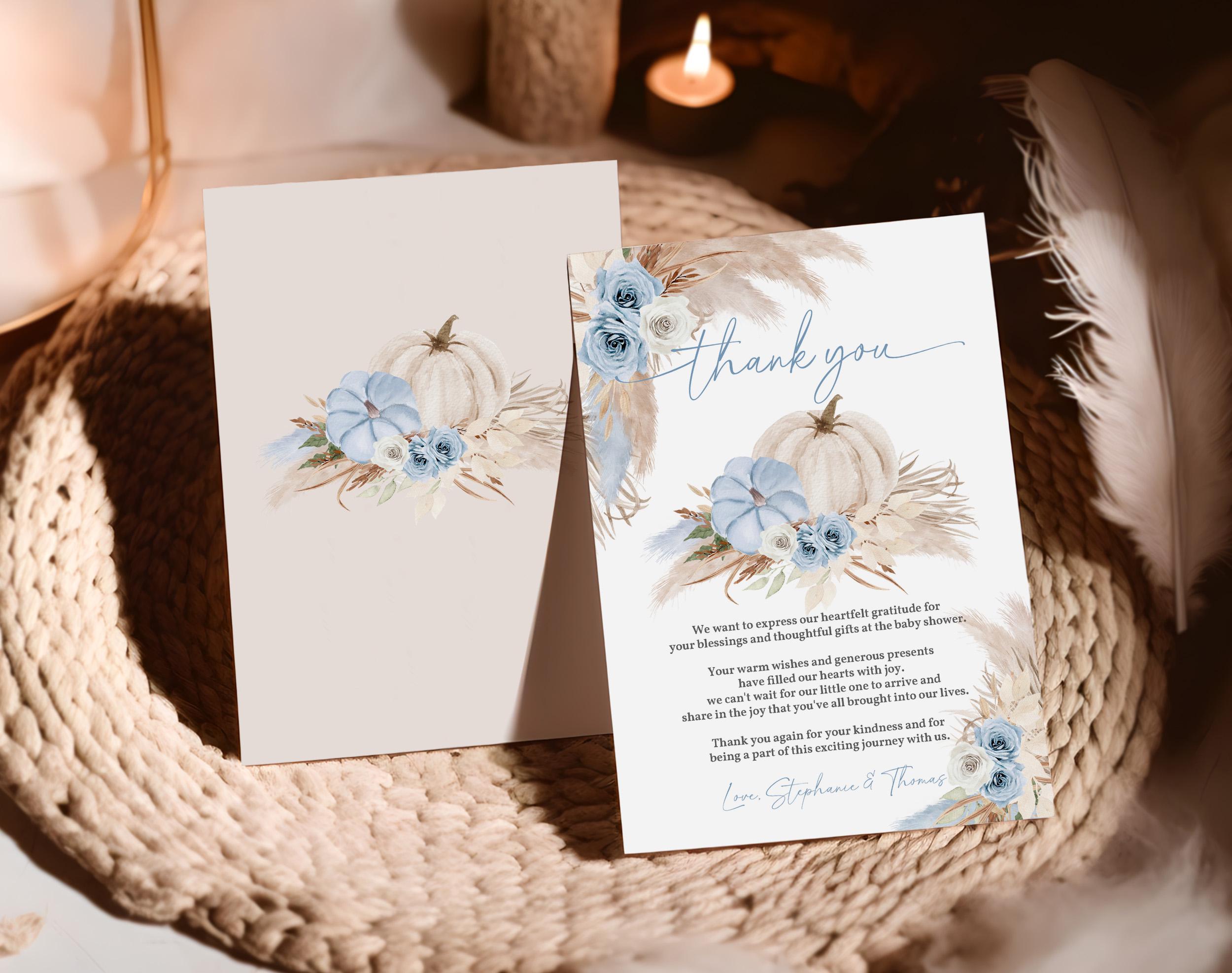 Baby Shower Thank You Card: Blue Pumpkin Boho Fall - Editable Template ...