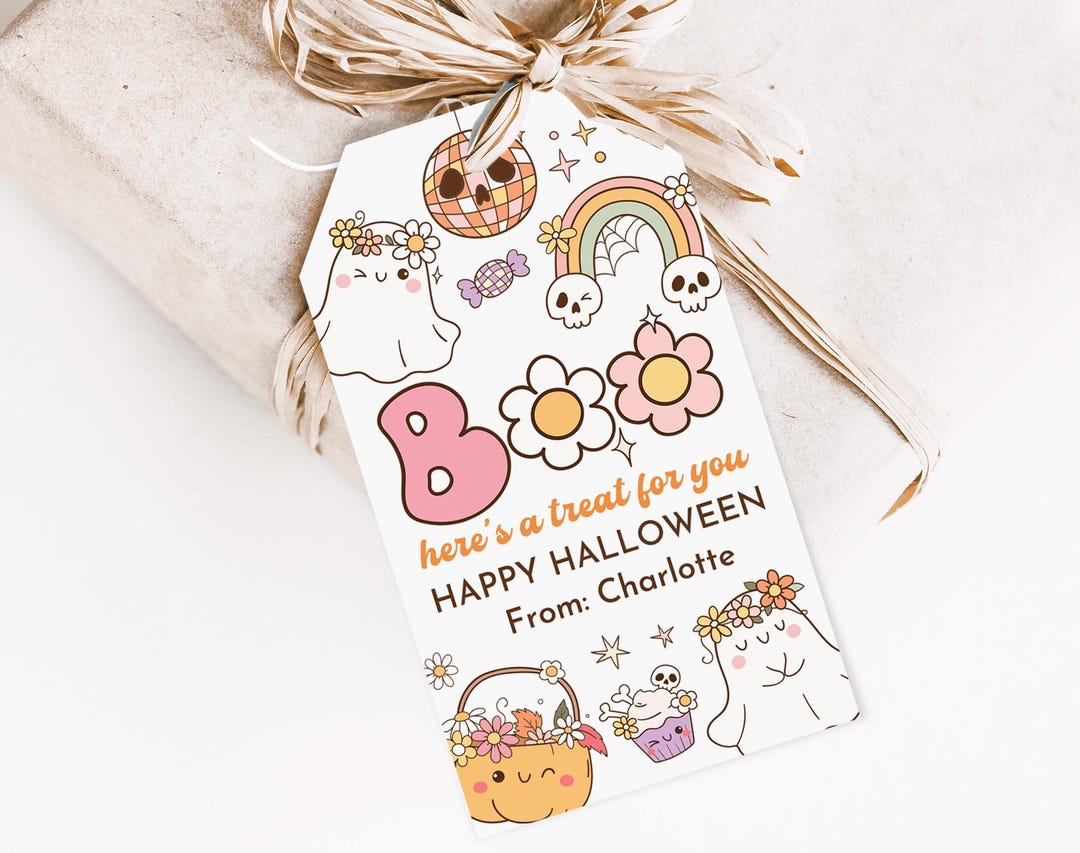 Editable Halloween Retro Favor Tags Boo Gift Tag Costume Party Trick or ...